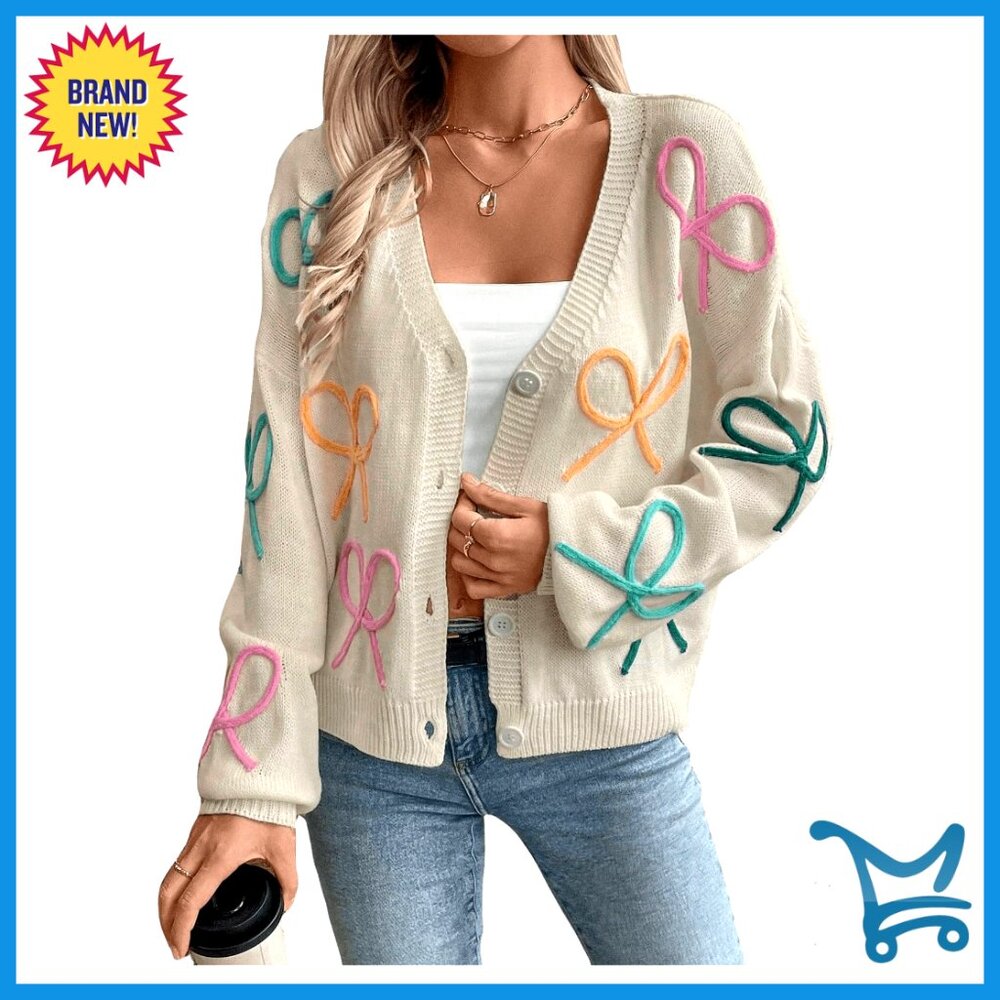Oversized V-Neck Cardigan With Bow Detail, Drop Shoulder, Button Front